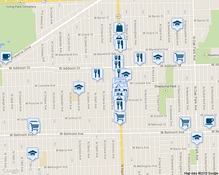 map of restaurants, bars, coffee shops, grocery stores, and more near 3452 North Oconto Avenue in Chicago