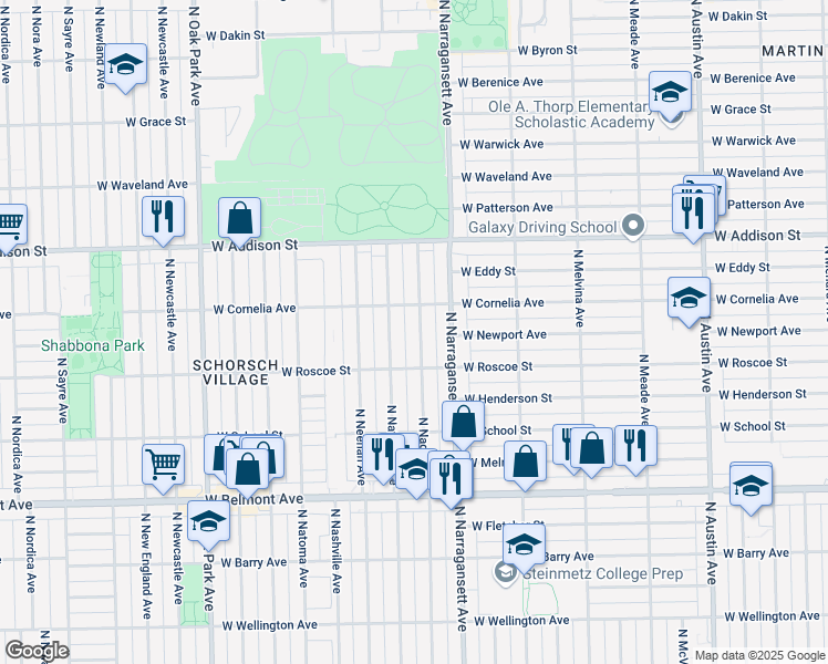 map of restaurants, bars, coffee shops, grocery stores, and more near 3434 North Nagle Avenue in Chicago