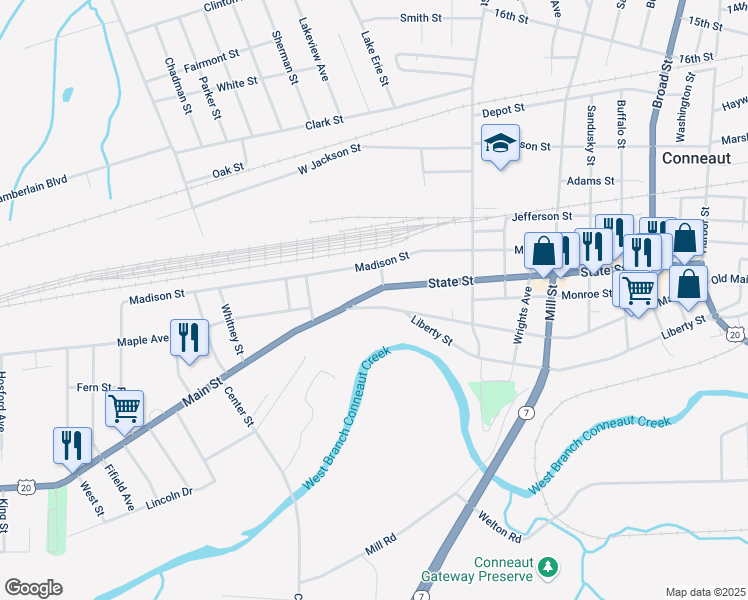 map of restaurants, bars, coffee shops, grocery stores, and more near 600 Main Street in Conneaut