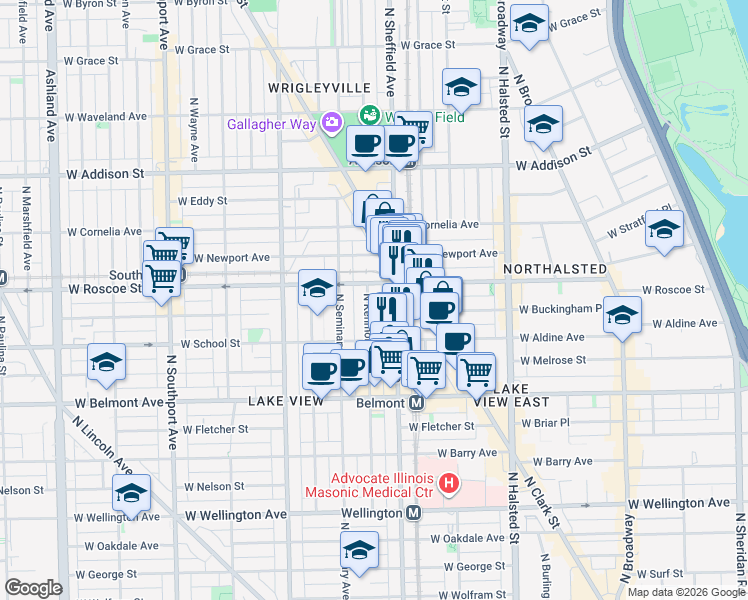 map of restaurants, bars, coffee shops, grocery stores, and more near 3340 North Kenmore Avenue in Chicago