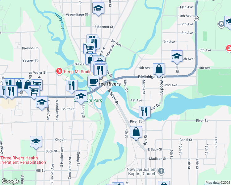 map of restaurants, bars, coffee shops, grocery stores, and more near 200 Michigan 86 in Three Rivers