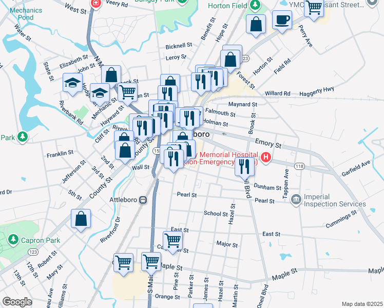 map of restaurants, bars, coffee shops, grocery stores, and more near 16 Crandall Court in Attleboro