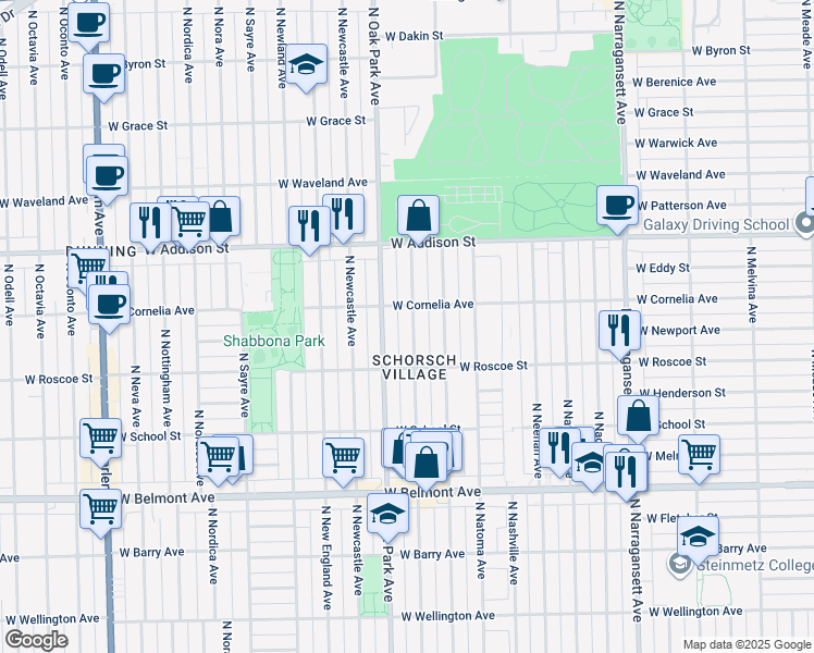 map of restaurants, bars, coffee shops, grocery stores, and more near 3440 North Rutherford Avenue in Chicago