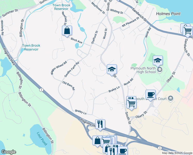 map of restaurants, bars, coffee shops, grocery stores, and more near 23 Colonial Terrace in Plymouth