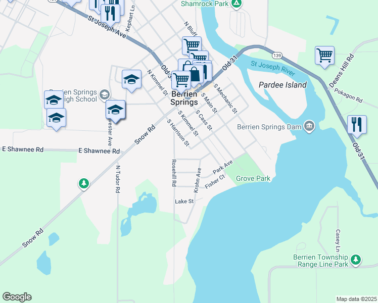 map of restaurants, bars, coffee shops, grocery stores, and more near 317 Harrison Street in Berrien Springs