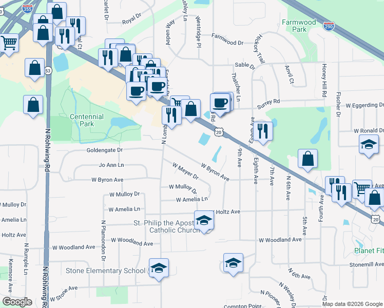 map of restaurants, bars, coffee shops, grocery stores, and more near 1312 W Byron Ave in Addison