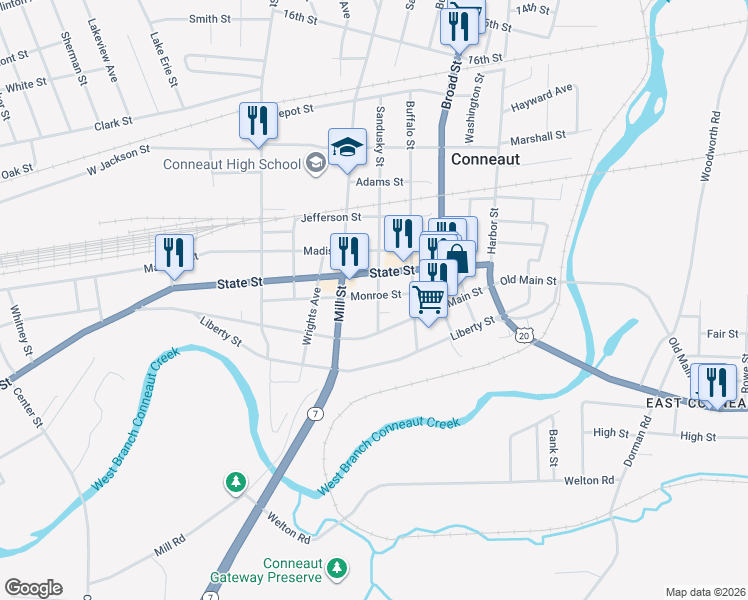 map of restaurants, bars, coffee shops, grocery stores, and more near 239 Sandusky Street in Conneaut