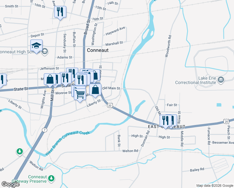 map of restaurants, bars, coffee shops, grocery stores, and more near 146 S Liberty St in Conneaut