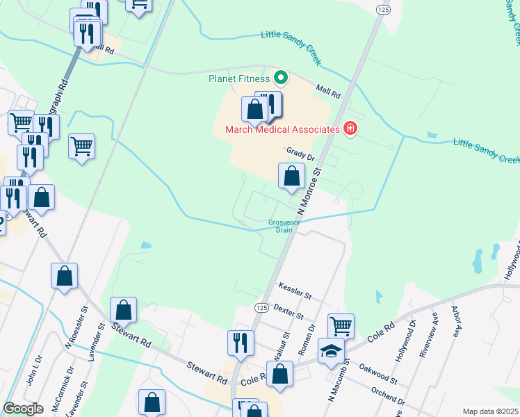 map of restaurants, bars, coffee shops, grocery stores, and more near 1971 North Monroe Street in Monroe