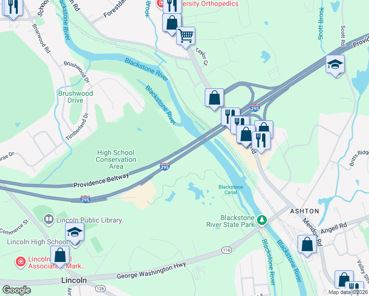 map of restaurants, bars, coffee shops, grocery stores, and more near Providence Beltway in Lincoln