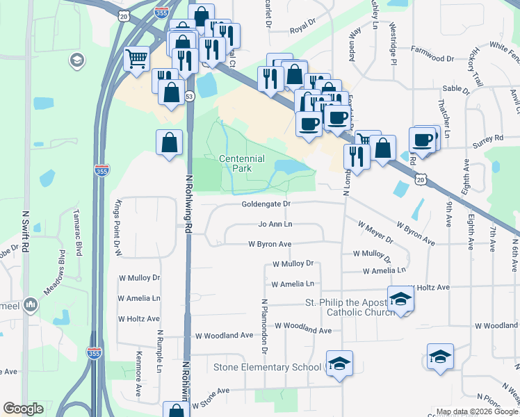map of restaurants, bars, coffee shops, grocery stores, and more near 1651 West Goldengate Drive in Addison