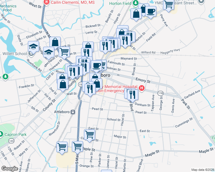 map of restaurants, bars, coffee shops, grocery stores, and more near 7 Howard Avenue in Attleboro
