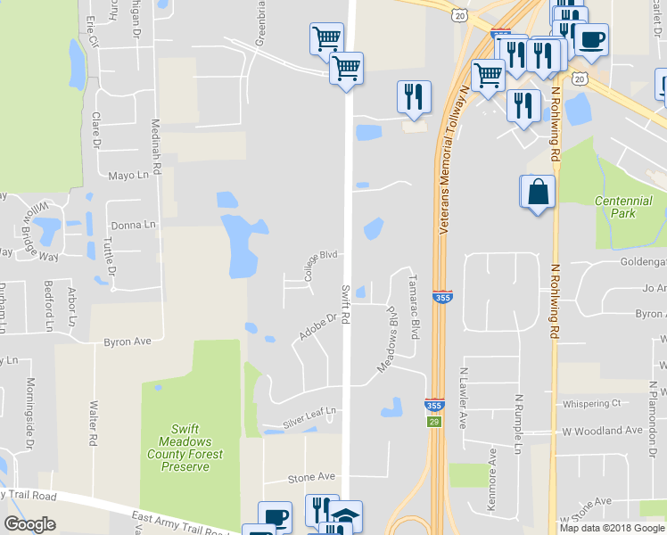 map of restaurants, bars, coffee shops, grocery stores, and more near 843 North Swift Road in Addison