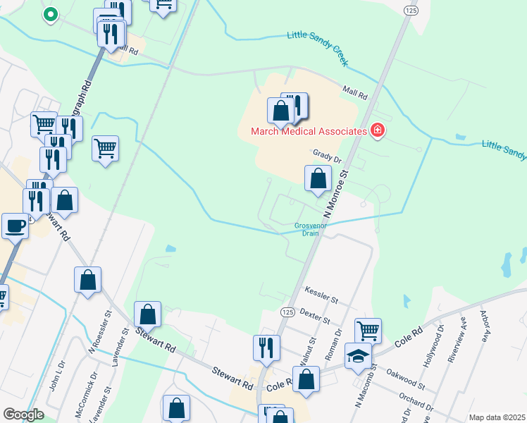 map of restaurants, bars, coffee shops, grocery stores, and more near 1850 Winding Meadows Drive in Monroe