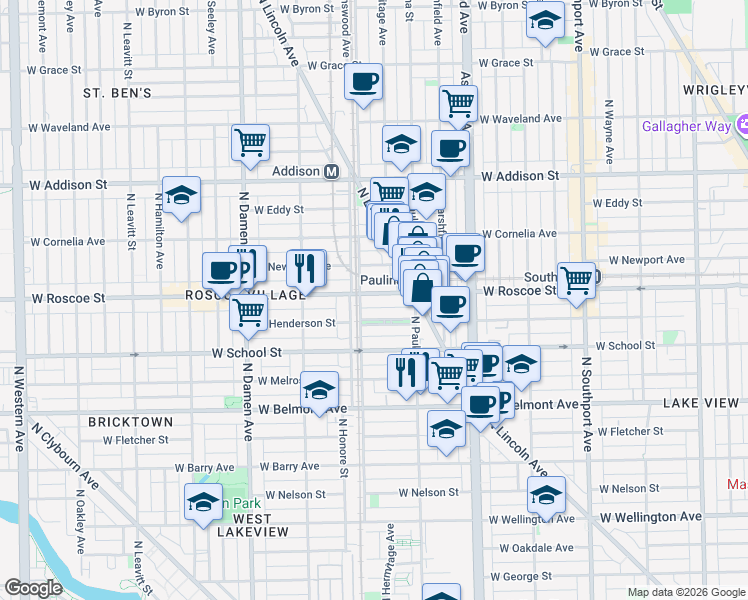 map of restaurants, bars, coffee shops, grocery stores, and more near 1743 West Roscoe Street in Chicago