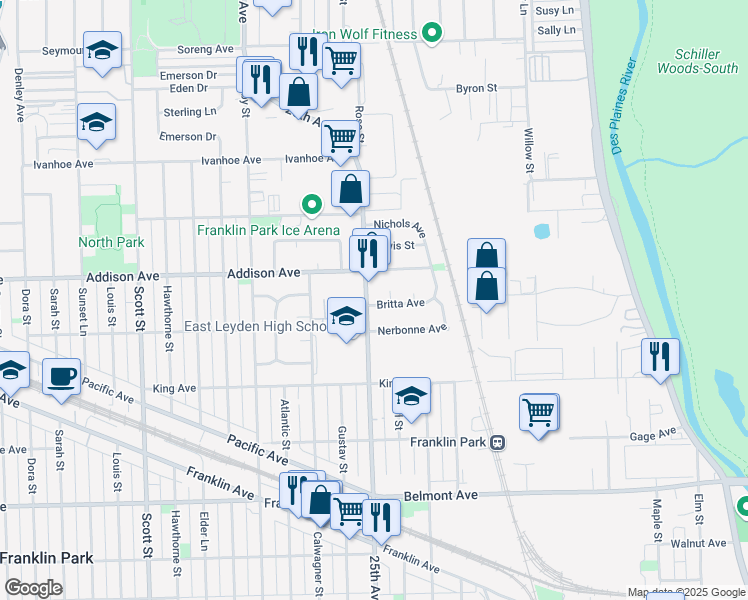 map of restaurants, bars, coffee shops, grocery stores, and more near 3525 Rose Street in Franklin Park