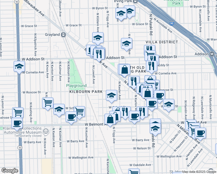 map of restaurants, bars, coffee shops, grocery stores, and more near 3412 North Tripp Avenue in Chicago