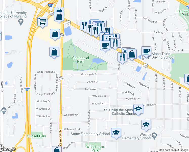 map of restaurants, bars, coffee shops, grocery stores, and more near 890 Carmela Court in Addison