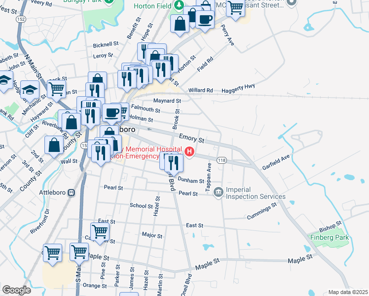 map of restaurants, bars, coffee shops, grocery stores, and more near 200 Park Street in Attleboro