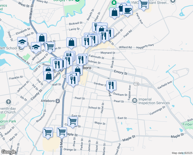 map of restaurants, bars, coffee shops, grocery stores, and more near 6 Park Avenue in Attleboro