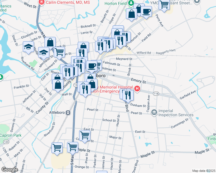 map of restaurants, bars, coffee shops, grocery stores, and more near 7 Howard Avenue in Attleboro