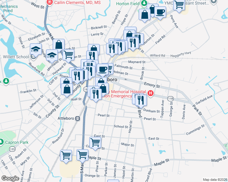 map of restaurants, bars, coffee shops, grocery stores, and more near 7 Howard Avenue in Attleboro