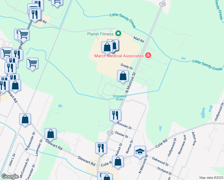 map of restaurants, bars, coffee shops, grocery stores, and more near 1971 North Monroe Street in Monroe