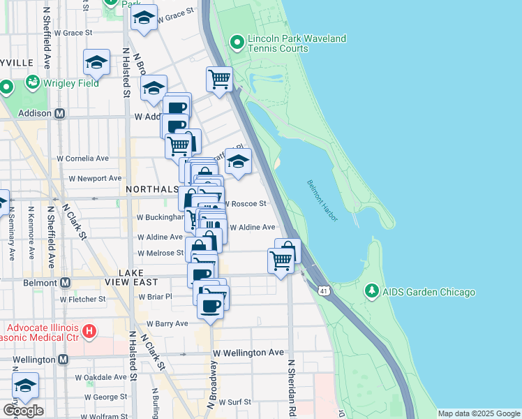 map of restaurants, bars, coffee shops, grocery stores, and more near 437 West Roscoe Street in Chicago