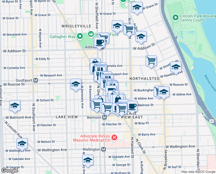 map of restaurants, bars, coffee shops, grocery stores, and more near 3341 North Clark Street in Chicago