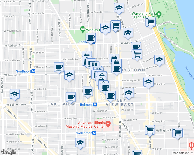 map of restaurants, bars, coffee shops, grocery stores, and more near 3341 North Clark Street in Chicago