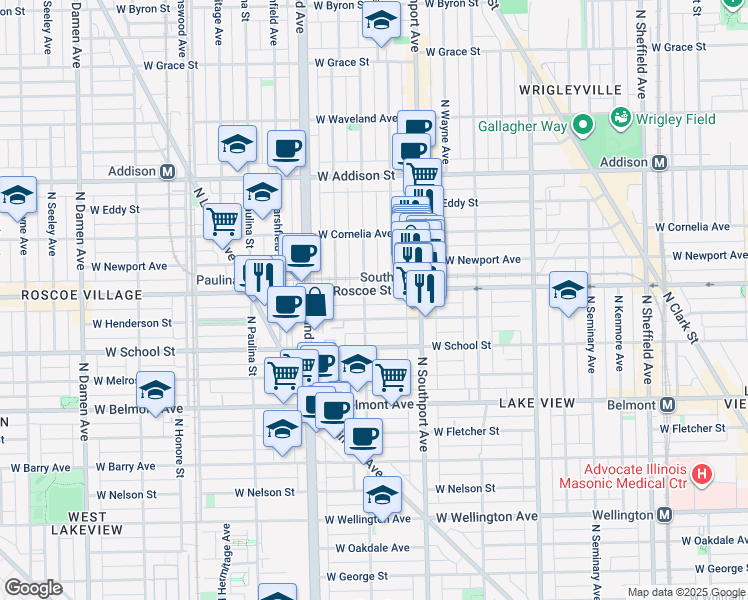 map of restaurants, bars, coffee shops, grocery stores, and more near 1455 West Roscoe Street in Chicago