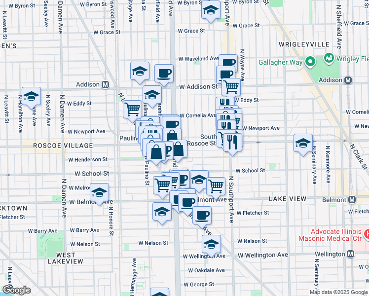 map of restaurants, bars, coffee shops, grocery stores, and more near 1525 West Roscoe Street in Chicago