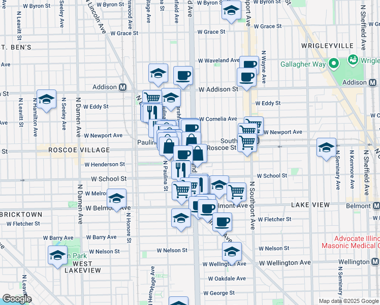 map of restaurants, bars, coffee shops, grocery stores, and more near 3348 North Ashland Avenue in Chicago