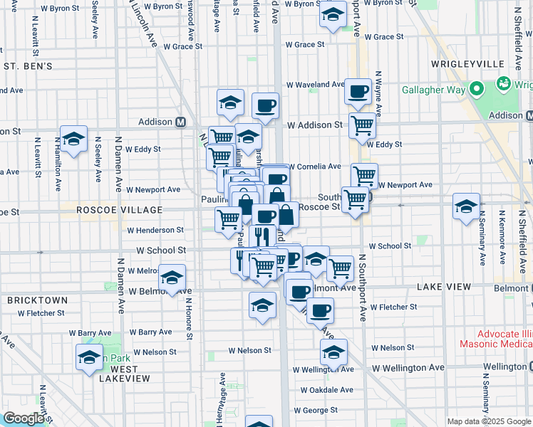 map of restaurants, bars, coffee shops, grocery stores, and more near 3348 North Ashland Avenue in Chicago