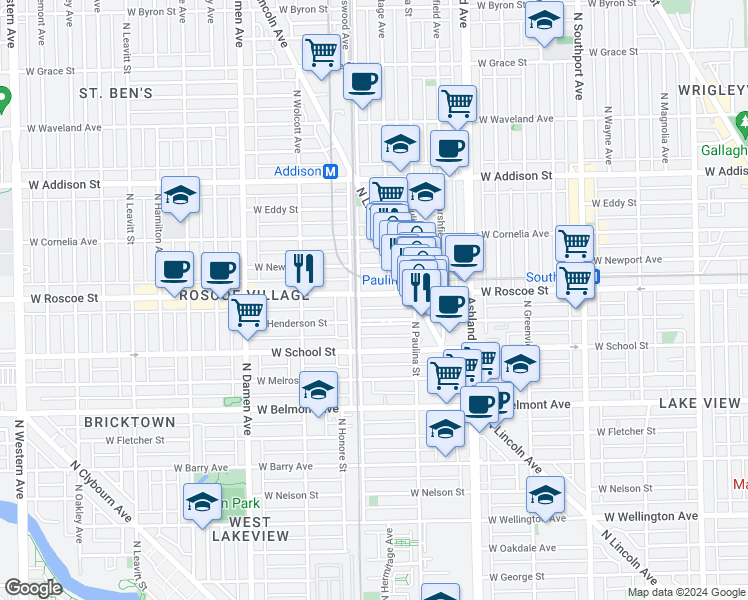 map of restaurants, bars, coffee shops, grocery stores, and more near 1757 West Roscoe Street in Chicago