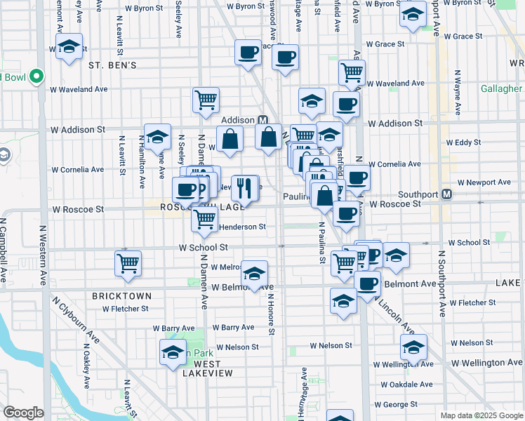 map of restaurants, bars, coffee shops, grocery stores, and more near 1825 West Roscoe Street in Chicago