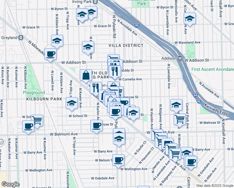 map of restaurants, bars, coffee shops, grocery stores, and more near 3368 North Pulaski Road in Chicago