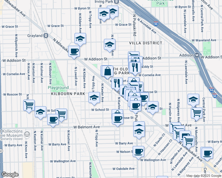 map of restaurants, bars, coffee shops, grocery stores, and more near 3377 North Kedvale Avenue in Chicago