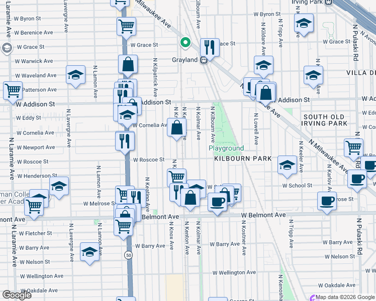 map of restaurants, bars, coffee shops, grocery stores, and more near 3415 North Kenton Avenue in Chicago