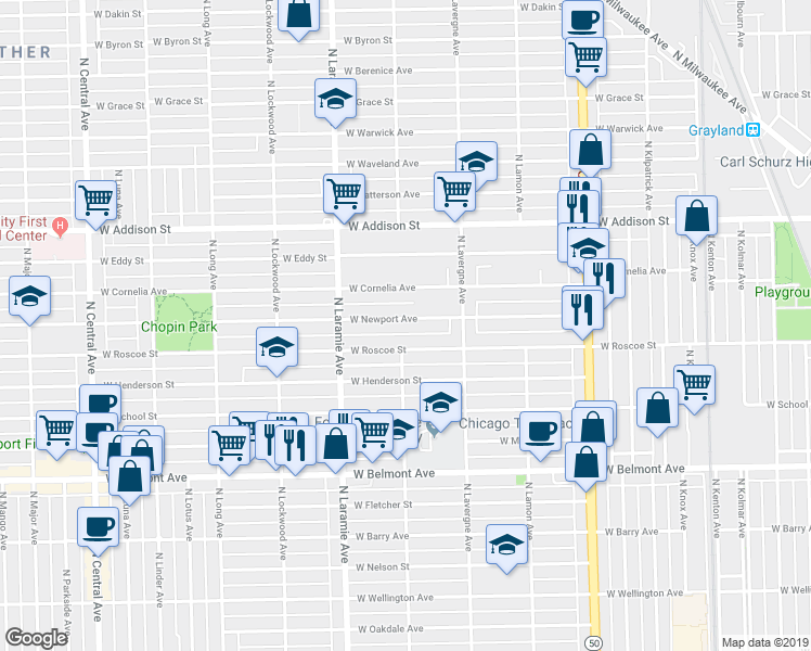 map of restaurants, bars, coffee shops, grocery stores, and more near 5101 West Newport Avenue in Chicago