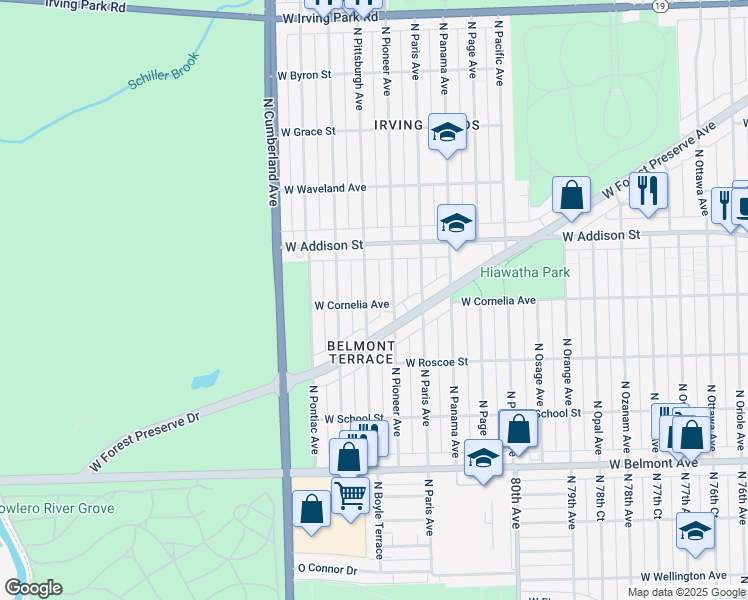 map of restaurants, bars, coffee shops, grocery stores, and more near 3501 North Pittsburgh Avenue in Chicago