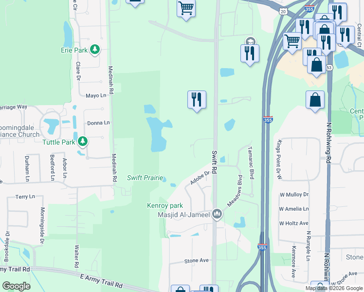 map of restaurants, bars, coffee shops, grocery stores, and more near 836 College Boulevard in Addison