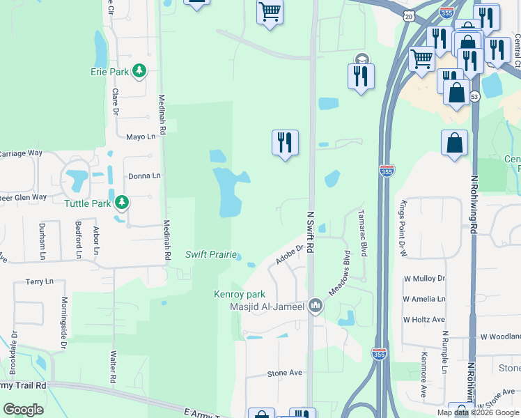 map of restaurants, bars, coffee shops, grocery stores, and more near 836 College Boulevard in Addison