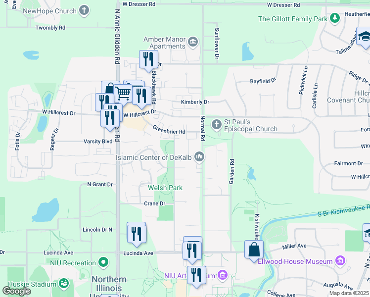map of restaurants, bars, coffee shops, grocery stores, and more near 809 Charles Street in DeKalb