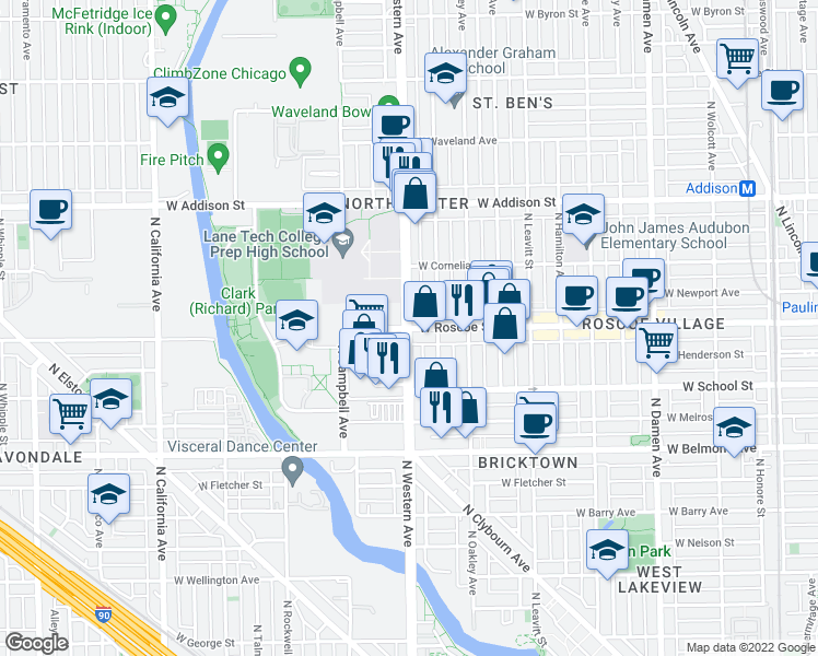 map of restaurants, bars, coffee shops, grocery stores, and more near North Western Avenue & West Roscoe Street in Chicago