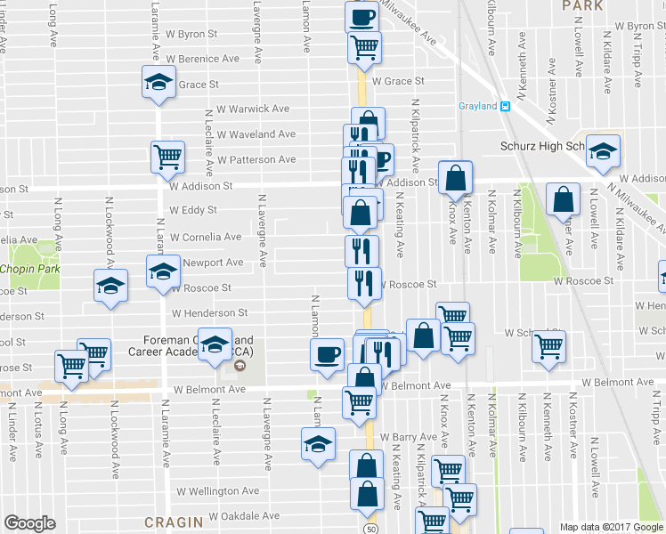map of restaurants, bars, coffee shops, grocery stores, and more near 4839 West Newport Avenue in Chicago