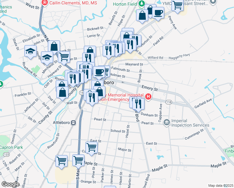 map of restaurants, bars, coffee shops, grocery stores, and more near 7 Howard Avenue in Attleboro