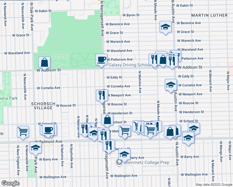 map of restaurants, bars, coffee shops, grocery stores, and more near 6318 West Newport Avenue in Chicago