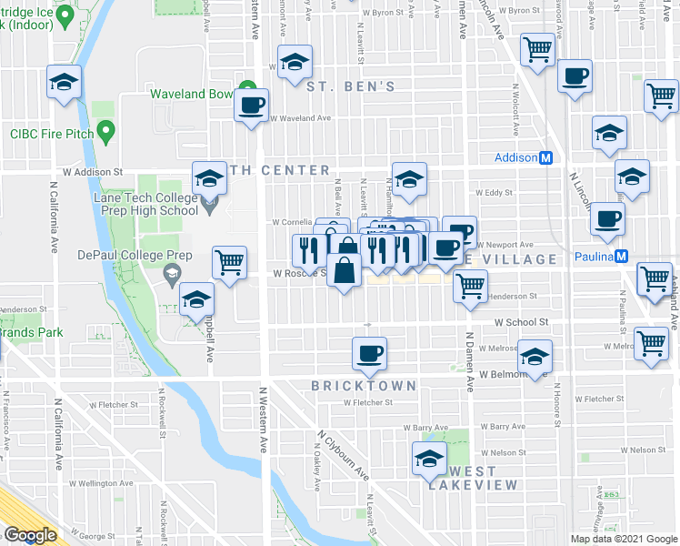 map of restaurants, bars, coffee shops, grocery stores, and more near West Roscoe Street & North Bell Avenue in Chicago
