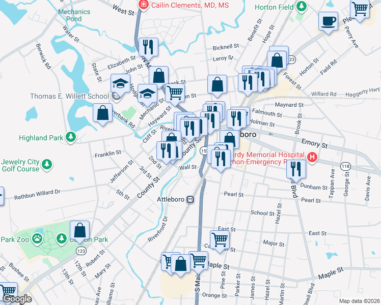 map of restaurants, bars, coffee shops, grocery stores, and more near 50 County Street in Attleboro